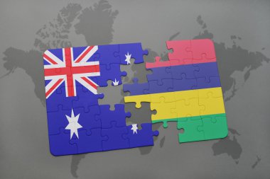 bir dünya haritası arka plan üzerinde Avustralya ve mauritius ulusal bayrağı ile bulmaca.