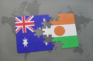 bir dünya haritası arka plan üzerinde Avustralya ve nijer ulusal bayrağı ile bulmaca.