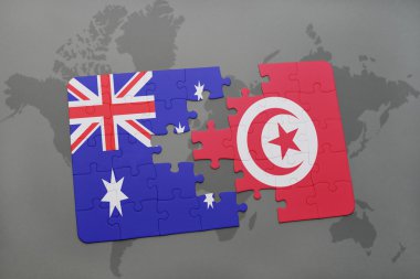 bir dünya haritası arka plan üzerinde Avustralya ve Tunus ulusal bayrağı ile bulmaca.