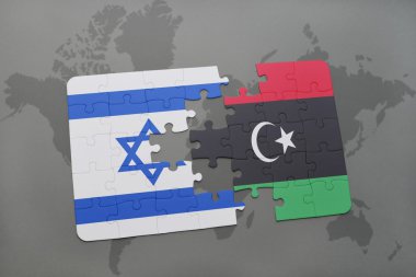 bir dünya haritası arka plan üzerinde İsrail ve Libya ulusal bayrağı ile bulmaca.