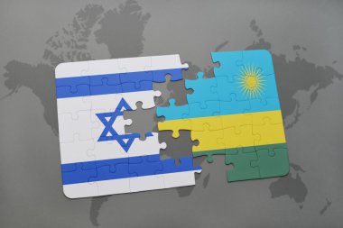 bir dünya haritası arka plan üzerinde İsrail ve Ruanda ulusal bayrağı ile bulmaca.