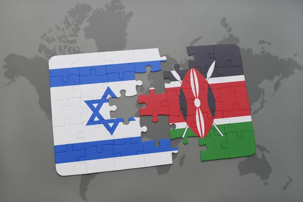 Puzzle a nemzeti zászló Izrael és Kenya a világtérképen háttér. — Stock Fotó