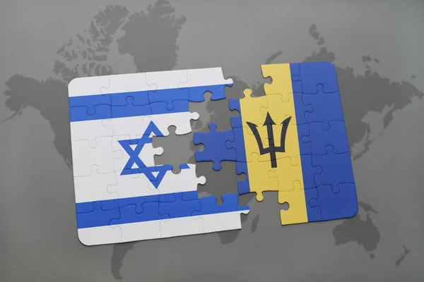 Puzzle a nemzeti zászló Izrael és Barbados a világtérképen háttér. — Stock Fotó