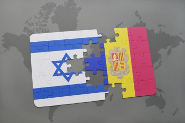 bir dünya haritası arka plan üzerinde İsrail ve andorra ulusal bayrağı ile bulmaca.