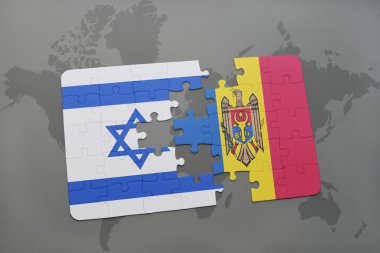 İsrail ve dünya harita arka plan üzerinde moldova bayrağı ile bulmaca.