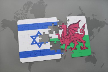 İsrail ve dünya harita arka plan üzerinde Galler Ulusal bayrak ile bulmaca.