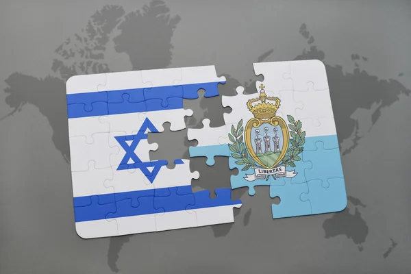 A nemzeti zászló, Izrael és a san Marinó-i, a világ megjelenítése háttér puzzle. — Stock Fotó