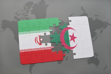 bir dünya haritası arka plan üzerinde İran ve Cezayir ulusal bayrağı ile bulmaca.