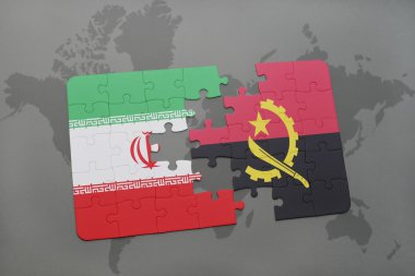 bir dünya haritası arka plan üzerinde İran ve angola ulusal bayrağı ile bulmaca.
