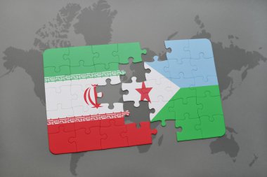 bir dünya haritası arka plan üzerinde İran ve cibuti ulusal bayrağı ile bulmaca.