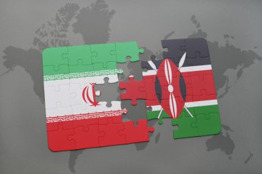 bir dünya haritası arka plan üzerinde İran ve Kenya ulusal bayrağı ile bulmaca.