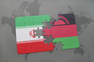 bir dünya haritası arka plan üzerinde İran ve malavi ulusal bayrağı ile bulmaca.