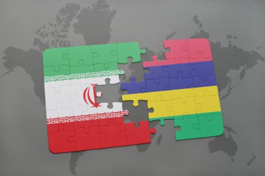 bir dünya haritası arka plan üzerinde İran ve mauritius ulusal bayrağı ile bulmaca.
