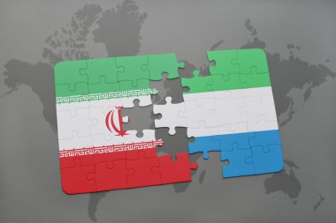bir dünya haritası arka plan üzerinde İran ve sierra leone ulusal bayrağı ile bulmaca.
