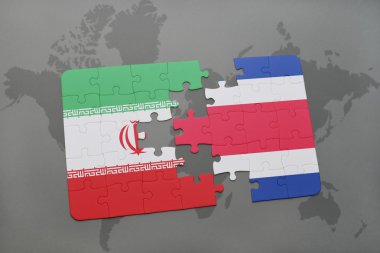 bir dünya haritası arka plan üzerinde İran ve Kosta Rika ulusal bayrağı ile bulmaca.