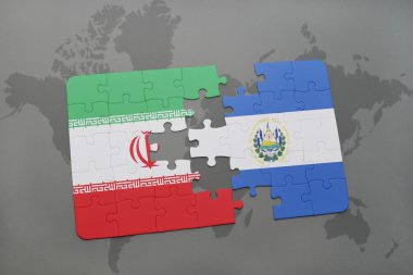 bir dünya haritası arka plan üzerinde İran ve el salvador ulusal bayrağı ile bulmaca.