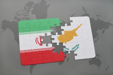 bir dünya haritası arka plan üzerinde İran ve Kıbrıs ulusal bayrağı ile bulmaca.