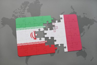 bir dünya haritası arka plan üzerinde İran ve Malta ulusal bayrağı ile bulmaca.