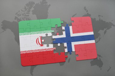 bir dünya haritası arka plan üzerinde İran ve Norveç ulusal bayrağı ile bulmaca.