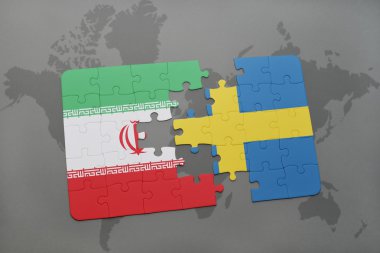 bir dünya haritası arka plan üzerinde İran ve İsveç ulusal bayrağı ile bulmaca.