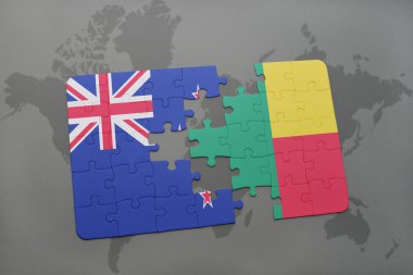 bir dünya haritası arka plan üzerinde Yeni Zelanda ve Benin ulusal bayrağı ile bulmaca.