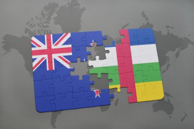 bir dünya haritası arka plan üzerinde Yeni Zelanda ve Orta Afrika Cumhuriyeti ulusal bayrağı ile bulmaca.