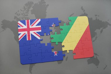 bir dünya haritası arka plan üzerinde Yeni Zelanda ve Kongo Cumhuriyeti ulusal bayrağı ile bulmaca.