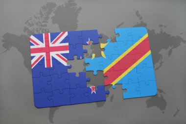 bir dünya haritası arka plan üzerinde Yeni Zelanda ve Kongo Demokratik Cumhuriyeti ulusal bayrağı ile bulmaca.