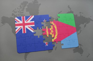 bir dünya haritası arka plan üzerinde Yeni Zelanda ve Eritre ulusal bayrağı ile bulmaca.