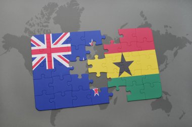 bir dünya haritası arka plan üzerinde Yeni Zelanda ve Gana ulusal bayrağı ile bulmaca.