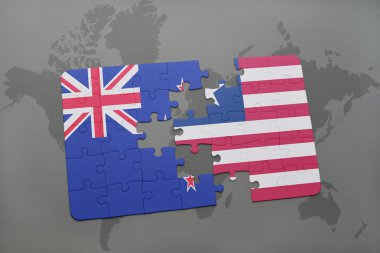 bir dünya haritası arka plan üzerinde Yeni Zelanda ve Liberya ulusal bayrağı ile bulmaca.