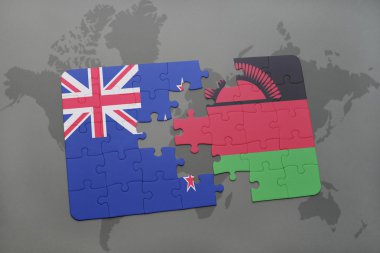 bir dünya haritası arka plan üzerinde Yeni Zelanda ve Malavi ulusal bayrağı ile bulmaca.