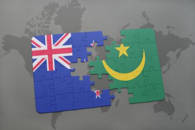 bir dünya haritası arka plan üzerinde Yeni Zelanda ve Moritanya ulusal bayrağı ile bulmaca.