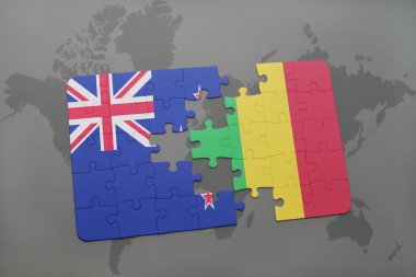 bir dünya haritası arka plan üzerinde Yeni Zelanda ve Mali ulusal bayrağı ile bulmaca.