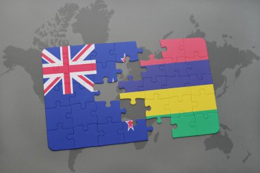 bir dünya haritası arka plan üzerinde Yeni Zelanda ve mauritius ulusal bayrağı ile bulmaca.