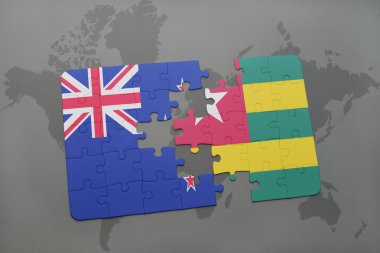 Yeni Zelanda ve togo dünya harita arka plan üzerinde bayrağı ile bulmaca.