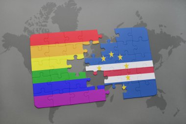 bir dünya haritası arka plan üzerinde cape verde ve gay gökkuşağı bayrağı ulusal bayrağı ile bulmaca.