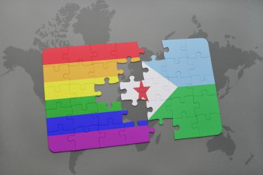 bir dünya haritası arka plan üzerinde cibuti ve eşcinsel gökkuşağı bayrağı ulusal bayrağı ile bulmaca.