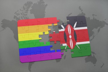 bir dünya haritası arka plan üzerinde kenya ve eşcinsel gökkuşağı bayrağı ulusal bayrağı ile bulmaca.