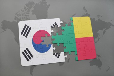 bir dünya haritası arka plan üzerinde Güney Kore ve Benin ulusal bayrağı ile bulmaca.