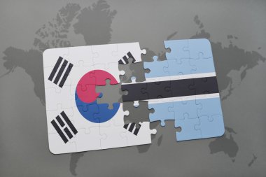 bir dünya haritası arka plan üzerinde güney kore ve botsvana ulusal bayrağı ile bulmaca.