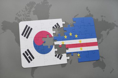 bir dünya haritası arka plan üzerinde güney kore ve cape verde ulusal bayrağı ile bulmaca.