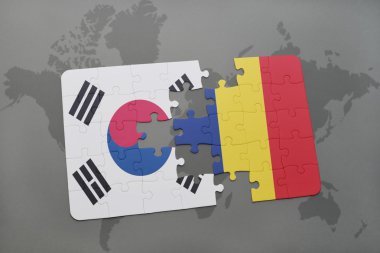 bir dünya haritası arka plan üzerinde Güney Kore ve Çad ulusal bayrağı ile bulmaca.