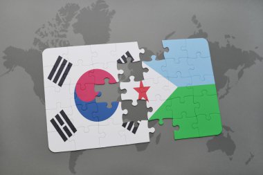 bir dünya haritası arka plan üzerinde güney kore ve cibuti ulusal bayrağı ile bulmaca.