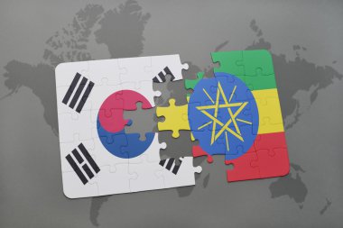 bir dünya haritası arka plan üzerinde Güney Kore ve Etiyopya ulusal bayrağı ile bulmaca.