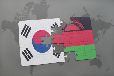 bir dünya haritası arka plan üzerinde güney kore ve malavi ulusal bayrağı ile bulmaca.