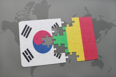 bir dünya haritası arka plan üzerinde Güney Kore ve Mali ulusal bayrağı ile bulmaca.