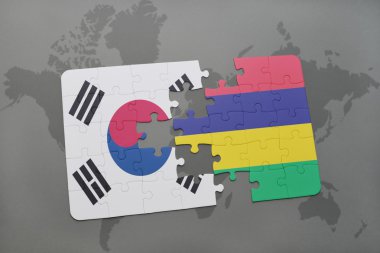 bir dünya haritası arka plan üzerinde güney kore ve mauritius ulusal bayrağı ile bulmaca.