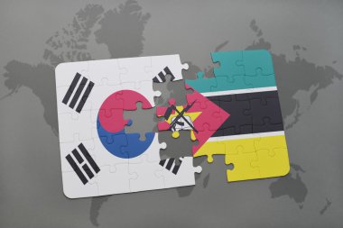 bir dünya haritası arka plan üzerinde güney kore ve mozambik ulusal bayrağı ile bulmaca.