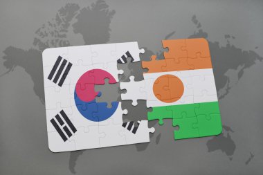 bir dünya haritası arka plan üzerinde güney kore ve nijer ulusal bayrağı ile bulmaca.